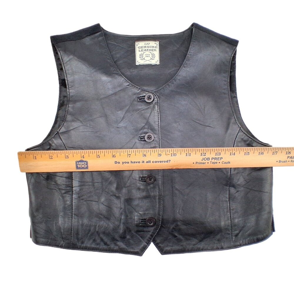Vintage 1990s GAP Genuine Leather Vest Black Wool Back Button Front Womens S - Picture 8 of 9